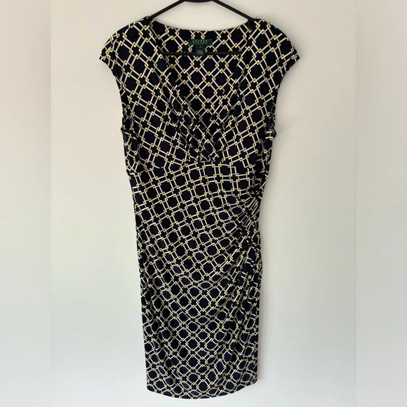 Lauren Ralph Lauren Mid Length Dress Navy Yellow Twist Front Faux Wrap V Neck - Picture 1 of 7